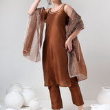 Copper Brown Silk Blend Salwar Set With Striped Dupatta