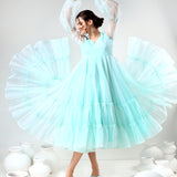Mint Green Organza Ruffled Gown With Sheer Puff Sleeves