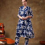Midnight Blue Daisy Printed Georgette Salwar Set With Delicate Pearl Lace