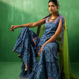 Cobalt Blue Floral Printed Cotton Sharara Set With Green Dupatta