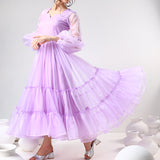 Lilac Organza Ruffled Gown With Sheer Puff Sleeves