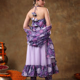 Lilac Floral Printed Georgette Halter Anarkali Set