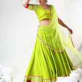 Neon Green Cotton Lehenga Set With Pink Striped Border