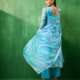 Aqua Marble Printed Georgette Anarkali Set With Tiered Hem