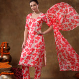 Coral Red Clover Motif Georgette Salwar Set With Fine Silver Trims