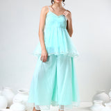 Mint Green Organza Tiered Cami Set With Silver Trim