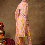 Peach Sunburst Printed Georgette Salwar Set With Yellow Accent Piping