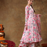 Blush Pink Tulip Printed Georgette Anarkali Set With Gold Fringe