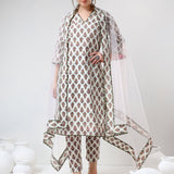Ivory Floral Printed Cotton Salwar Set With Olive Trim