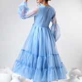 Sky Blue Organza Ruffled Gown With Sheer Puff Sleeves