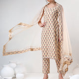 Beige Floral Printed Cotton Salwar Set With Halter Neck