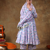Sky Blue Floral Printed Georgette Anarkali Set With Fringed Dupatta