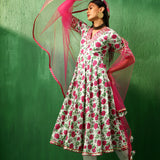Ivory Rose Printed Blended Fabric Anarkali Set With Pink Dupatta