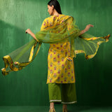 Mustard Yellow Floral Printed Cotton Salwar Set With Olive Pants