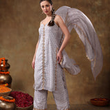 Lilac Strappy Georgette Salwar Set With Intricate Mirror Work Embroidery