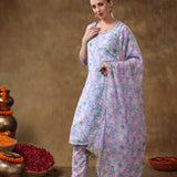 Sky Blue And Lilac Floral Printed Georgette Salwar Set With Gold Fringe