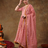 Mustard And Pink Jaal Print Blended Fabric Anarkali Set