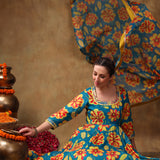 Teal Floral Printed Blended Fabric Anarkali Set With Mustard Border