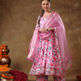 Rose Pink Floral Printed Georgette Anarkali Set With Metallic Borders