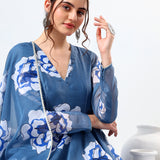 Steel Blue Floral Printed Cotton Anarkali Set