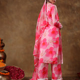 Bright Pink Poppy Floral Printed Georgette Salwar Set With Lace Accents