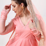 Blush Peach Cotton Anarkali Set With Metallic Gota Border