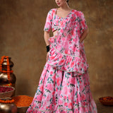 Blush Pink Floral Printed Organza Ruffled Lehenga Set