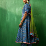 Cobalt Blue Floral Printed Cotton Anarkali Set With Green Dupatta