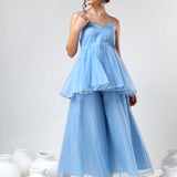 Sky Blue Organza Tiered Cami Set With Silver Piping