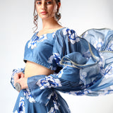 Denim Blue Floral Printed Organza Ruffled Lehenga Set