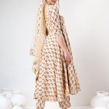 Beige Floral Printed Cotton Anarkali Set With Gota Trim