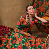 Emerald Green Botanical Printed Georgette Anarkali Set With Gota Detail