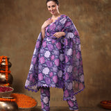 Royal Purple Rose Printed Georgette Salwar Set With Geometric Scallop Borders