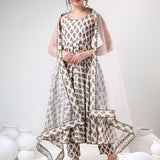 Ivory Floral Printed Cotton Anarkali Set With Olive Trim