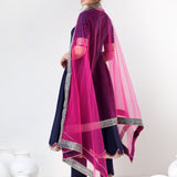 Navy Blue Cotton Anarkali Set With Scalloped Gold Hem