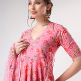 Rose Pink Floral Printed Cotton Anarkali Set With Tassel Ties