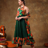 Bottle Green Floral Printed Georgette Halter Anarkali Set