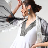 Ivory Scalloped Cotton Anarkali Set With Black Trim