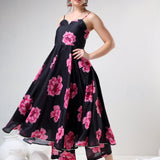 Jet Black Floral Printed Organza Tiered Anarkali Set