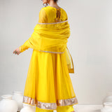 Sunshine Yellow Cotton Anarkali Set With Metalli Border