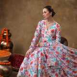 Multicolor Floral Printed Georgette Anarkali Set With Silver Lace Trim