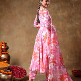 Pastel Pink Floral Printed Georgette Anarkali Set With Scalloped Edge