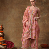 Dusty Rose And Mustard Printed Blended Fabric Straight Suit Set
