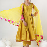 Mustard Yellow Cotton Anarkali Set With Pink Chevron Cuffs