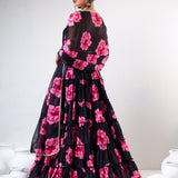 Jet Black Floral Printed Organza Tiered Lehenga Set
