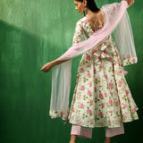Ivory Rose Printed Blended Fabric Anarkali Set With Pastel Dupatta