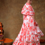 Coral Floral Printed Organza Draped Lehenga Set