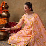 Peach Sunburst Printed Georgette Salwar Set With Yellow Accent Piping