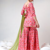 Coral Pink Floral Printed Cotton Sharara Set With Green Dupatta
