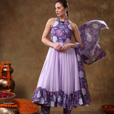 Lilac Floral Printed Georgette Halter Anarkali Set